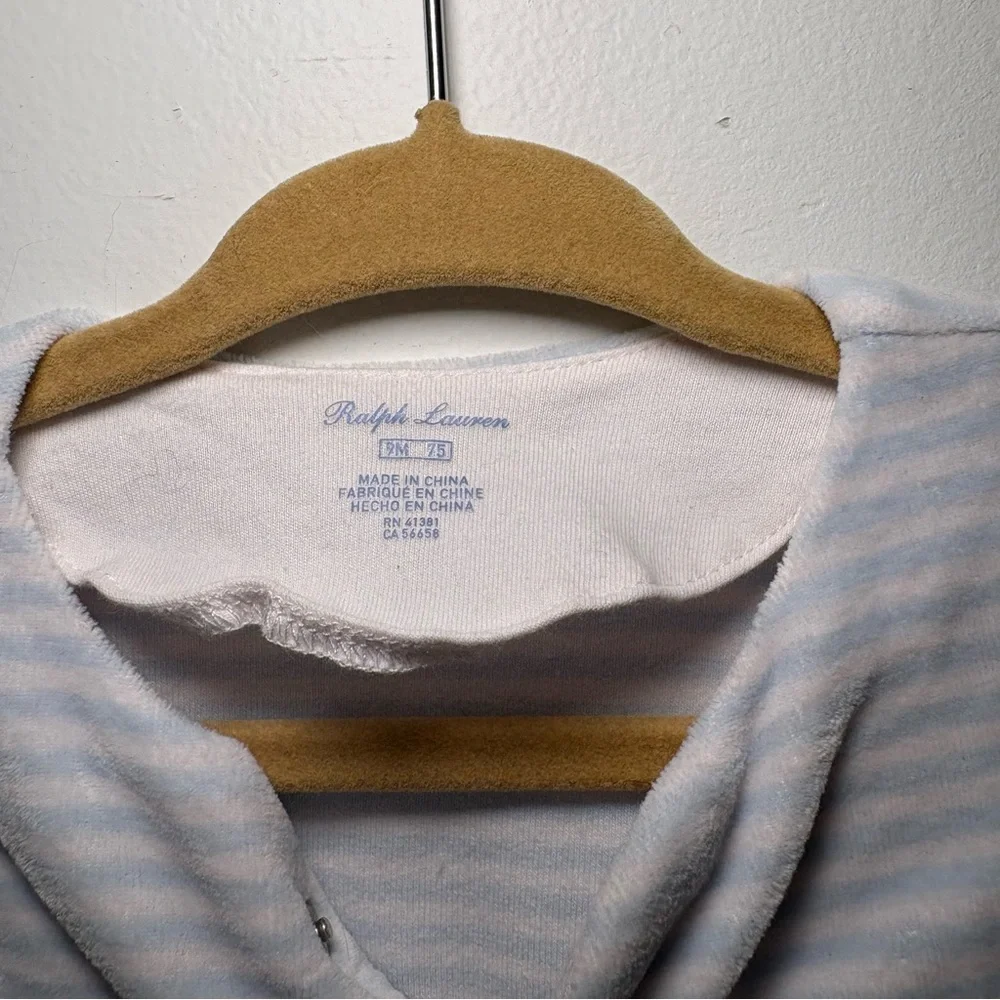 Ralph Lauren Baby One Piece Blue White Striped Velvet Velour 9M Footed Coverall
